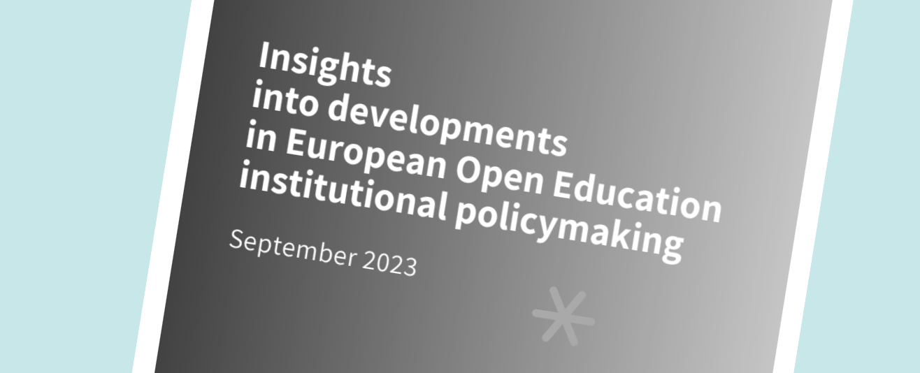 Image shows the front cover design of the SPARC Europe Report entitled Insights into developments in Europe Open Education institutional policymaking and features the SPARC logo