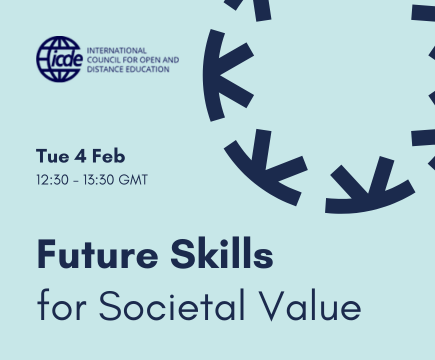 Title image featuring the event date: Tue 4 Feb, 12:30 - 13:30 GMT / 13:30 - 14:30 CET and the event title: Future Skills for Societal Value. The image also includes the ICDE logo and the KEN cog logo, both in blue on a light blue background.