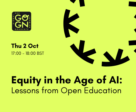Event promotional image with bright yellow background and back text and black GO-GN and Knowledge Equity Network logos. The event title and date are in black text: Equity in the Age of AI: Lessons from Open Education, Thu 2 Oct, 17:00 - 18:00 BST.