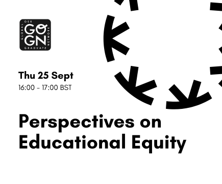 Promotional event image in black and white, featuring the Knowledge Equity Network and GO-GN logos. The text reads: Thu 25 Sept, 16:00 - 17:00 BST, Perspectives on Educational Equity.