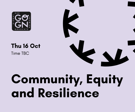 Event promotional image with a light purple background and black Knowledge Equity Network and GO-GN logos. Black text reads: Community, Equity and Resilience Thu 16 Oct, Time TBC.
