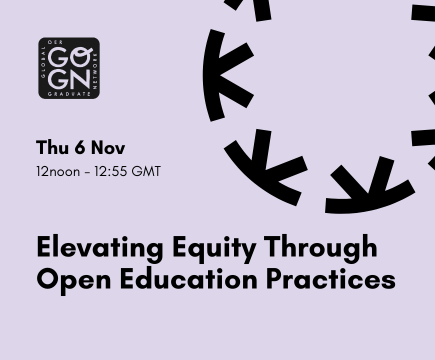 Event promotional image with a light purple background and black Knowledge Equity Network and GO-GN logos. Black text reads: Elevating Equity Through Open Education Practices Thu 6 Nov, 12noon - 12:55 GMT
