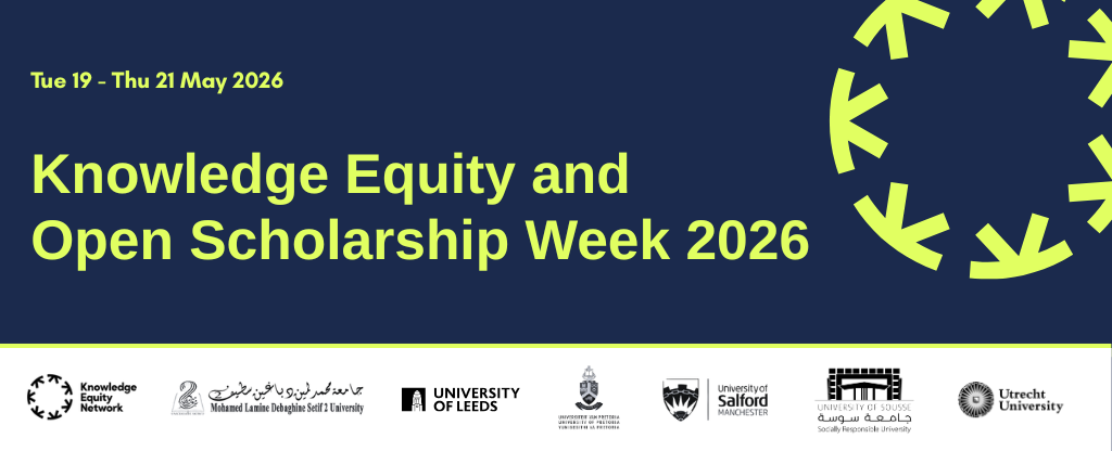 Banner image for the Knowledge Equity and Open Scholarship Week 2026 taking place from Tue 19 to Thu 21 May 2026. Includes the logos of all partners.