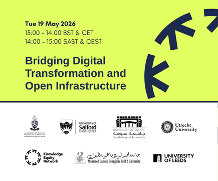 Banner image promoting 'Bridging Digital Transformation and Open Infrastructure'. Taking place on Tue 19 May, 13:00 - 14:00 BST & CET / 14:00 - 15:00 SAST & CEST. Image features event partner logos.