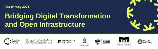 Dark blue banner with bright yellow text reading “Tue 19 May 2026. Bridging Digital Transformation and Open Infrastructure,” with partner logos along the bottom and a Knowledge Equity Network cog logo in the top-right. 