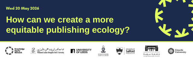 Dark blue banner with bright yellow text reading “Wed 20 May 2026. How can we create a more equitable publishing ecology?” with partner logos along the bottom and a Knowledge Equity Network cog logo in the top-right. 