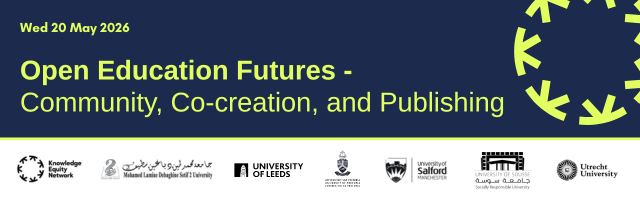 Dark blue banner with bright yellow text reading “Wed 20 May 2026. Open Education Futures – Community, Co-creation, and Publishing,” with partner logos along the bottom and a Knowledge Equity Network cog logo in the top-right. 