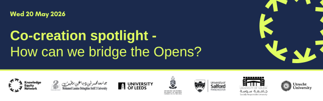 Dark blue banner with bright yellow text reading “Wed 20 May 2026. Co-creation spotlight – How can we bridge the Opens?” with partner logos along the bottom and a Knowledge Equity Network cog logo in the top-right. 