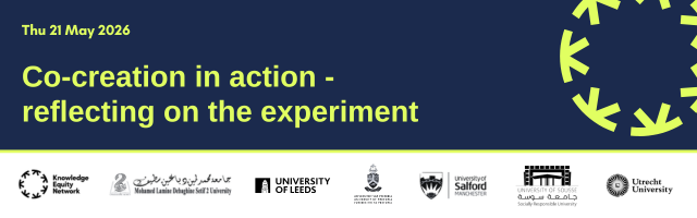 Dark blue banner with bright yellow text reading “Thu 21 May 2026. Co-creation in action – reflecting on the experiment,” with partner logos along the bottom and a Knowledge Equity Network cog logo in the top-right. 